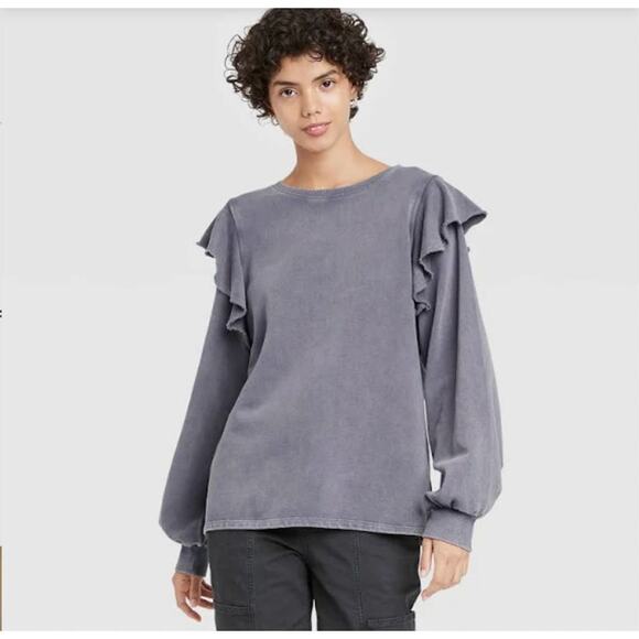 Target Universal Thread Ruffle Shoulder Sweatshirt Dark Charcoal Gray Size Large - Picture 2 of 13